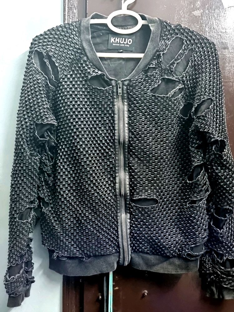 Highly Distressed Look Pattern Zipper Jacket