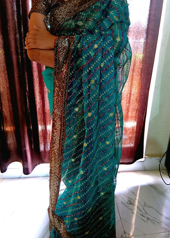 Net Saree With Thread & Stone Sequenced Embroidery