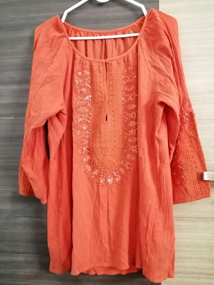 Orange Embroidered Short Kurta