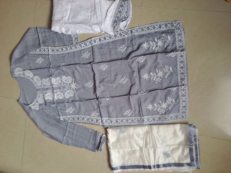 New Gray And White Kurta Pant Set