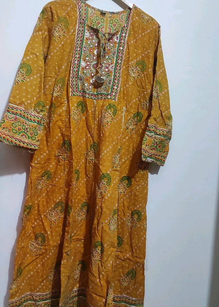 Musturd Anarkali Long Kurti Floral Print 42 Bust