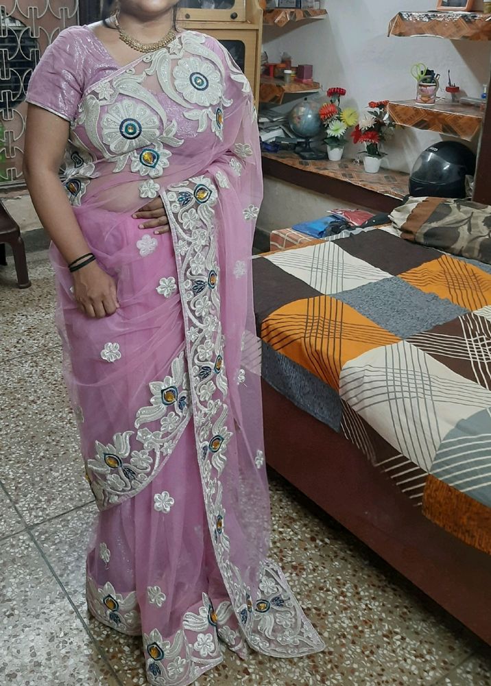 Baby Pink Colour Saree+Stitched Blouse+Petticoat