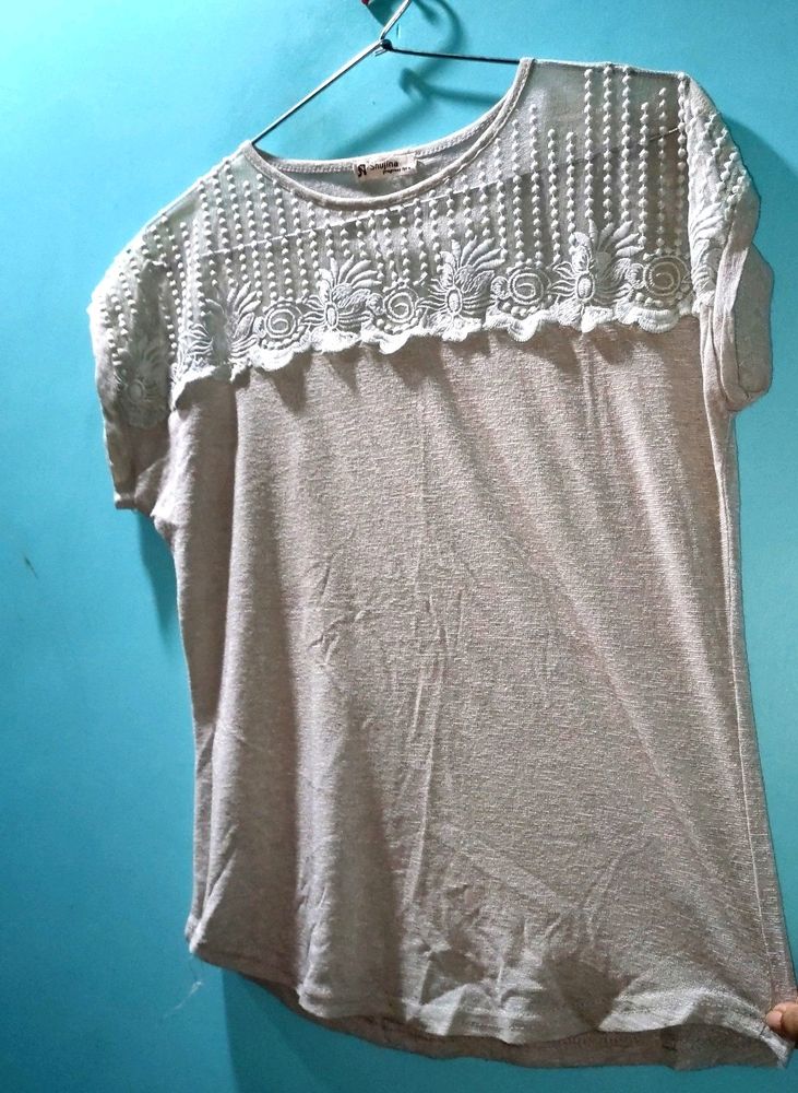 Grey Top With Floral Net Design