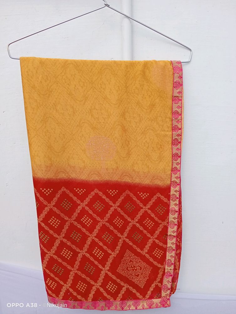 Mustard and red Colour Light work Saree