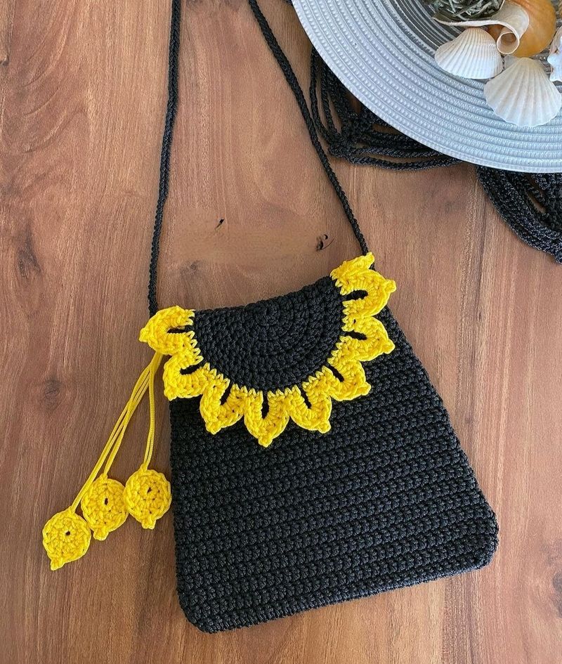 Crochet Sunflower Black Sling Bag