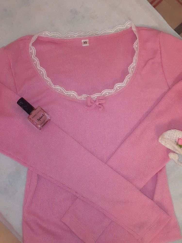 Coquette Ribbed Bow Laced Pink Crop Top