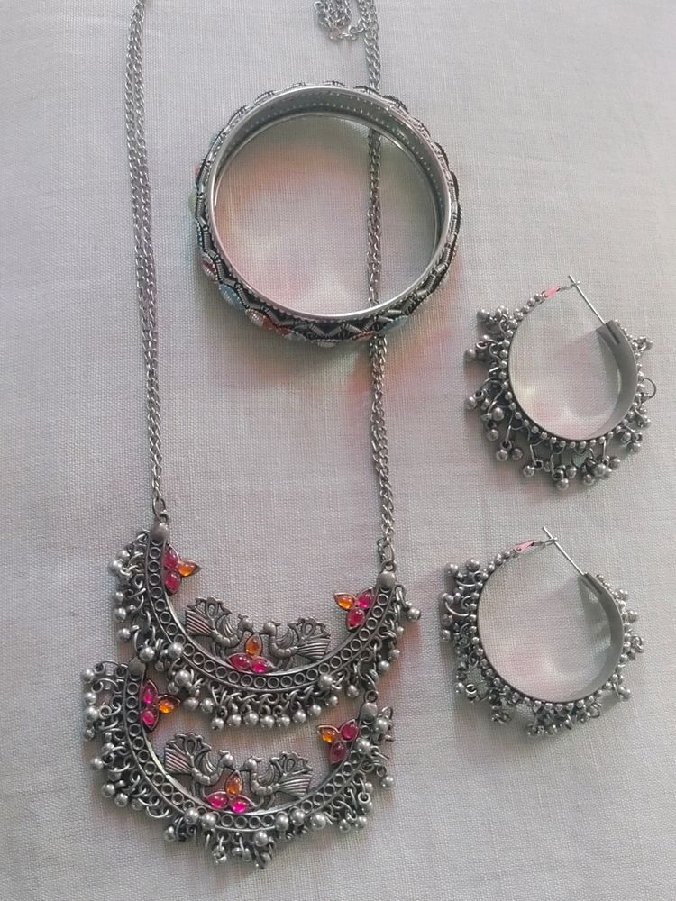 Oxidised Necklace, Earrings With Bangle