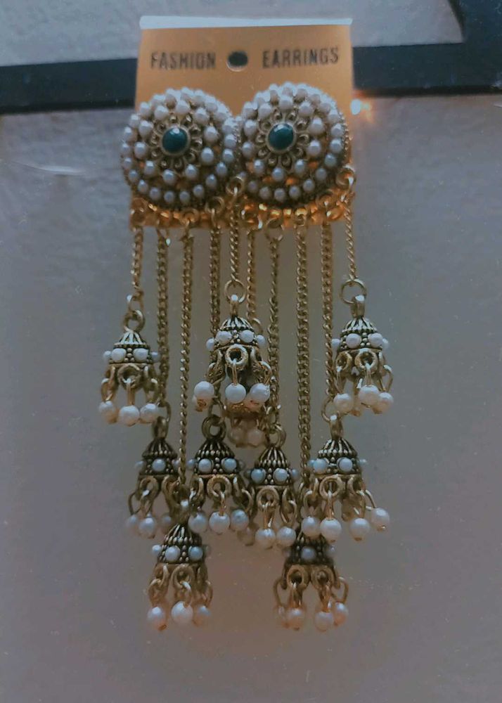 Pearl And Golden Jhumki Layered Earring