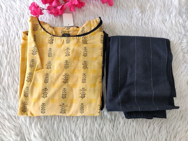 Yellow And Black Kurti Set ( Women)