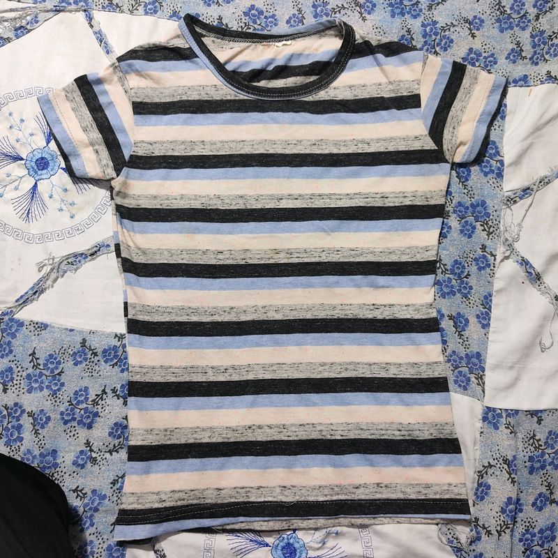 Black White Silver Blue Stripe Top