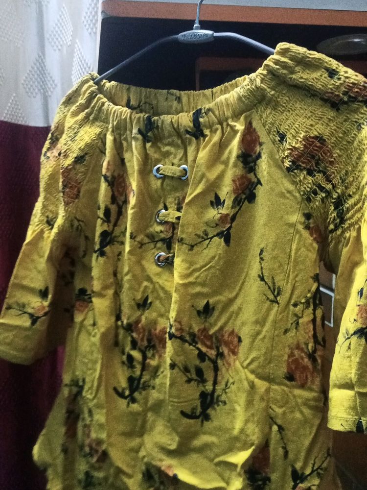 Yellow Floral Print Off Shoulder Top