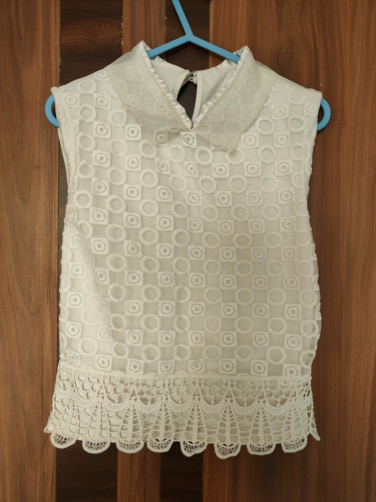 White Lace Vintage Collared Top (Women)