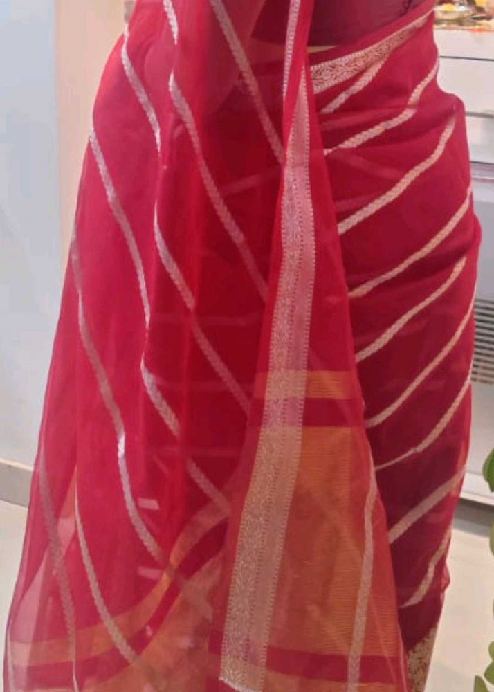 Silver Stripe Red Saree