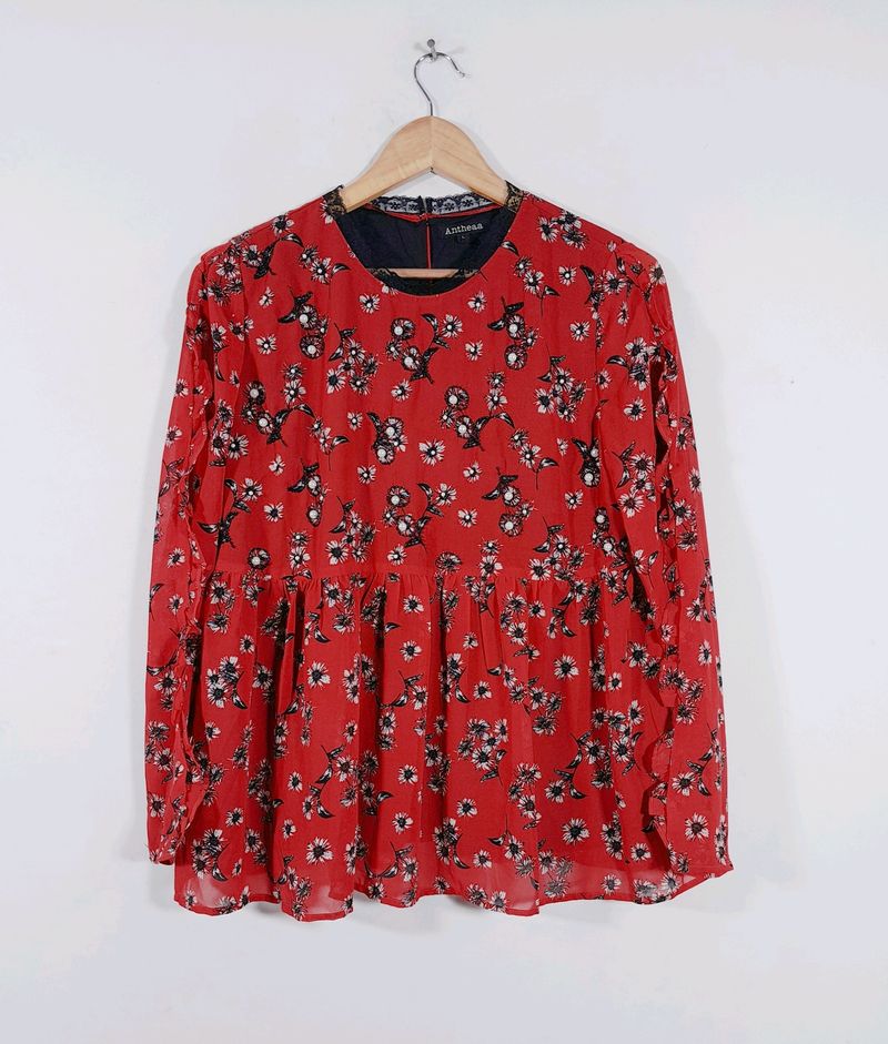 Anthea Red Printed Westren Top (Women's)