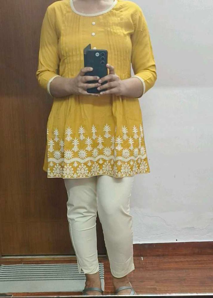 Mustard Tunic With Beautiful White Embroidery