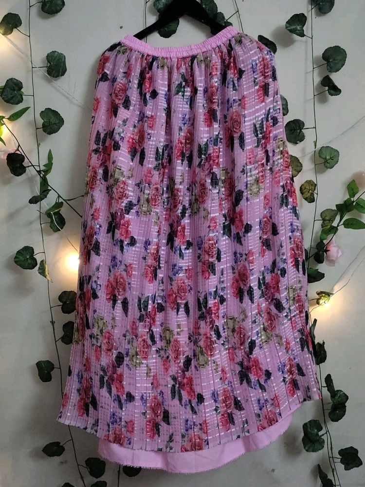 Pink Colour Floral Print Flared Skirt