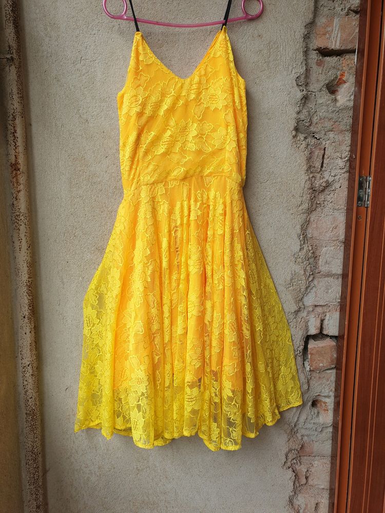 Yellow Midi Dress With Black Noodle Strap