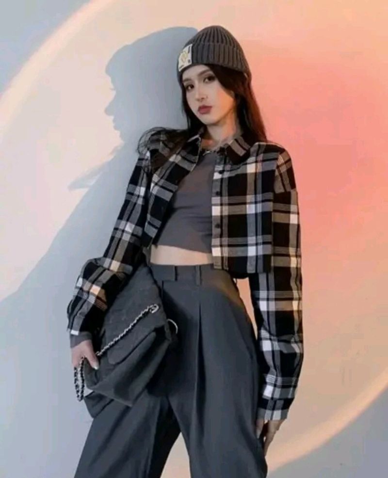 Checkered Crop Shirt For Women