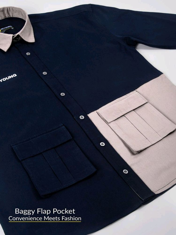 Navy Blue Color Block Urban Shirt For Men
