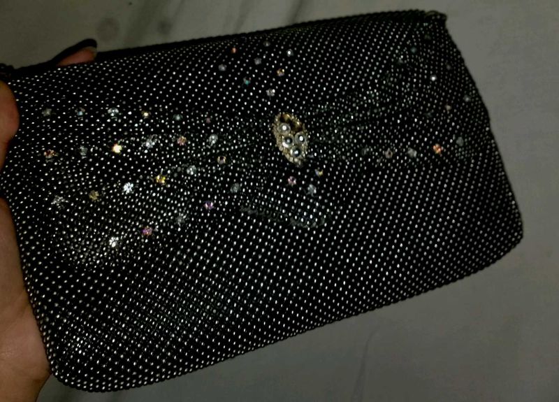 Silver Shimmery Side Bag With Gold Chain