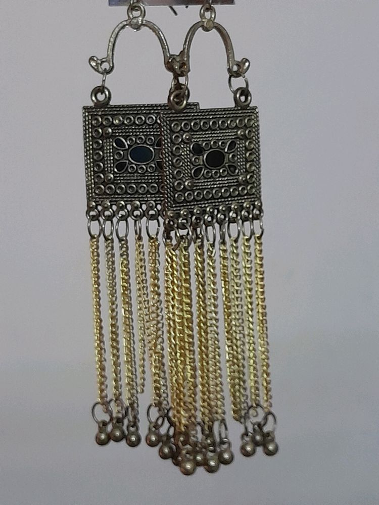 Gold Oxidised Square Earrings With Chain.