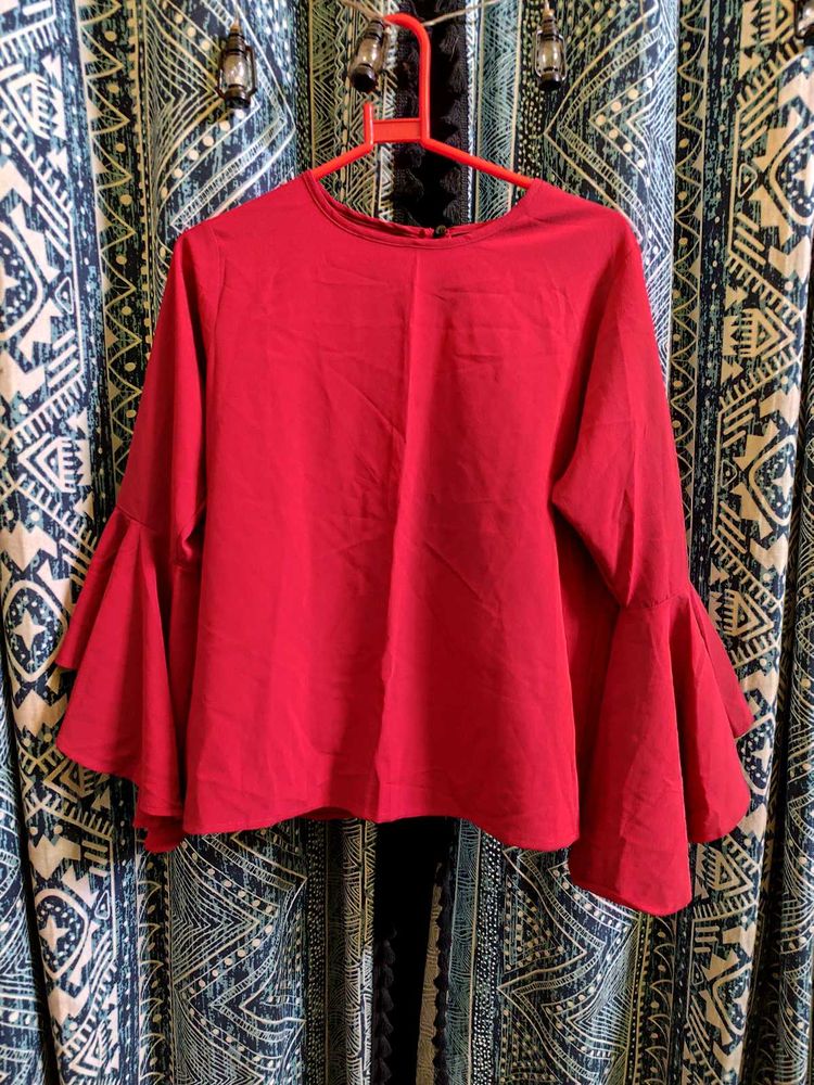 Maroon Rayon Top With Flared Sleeves