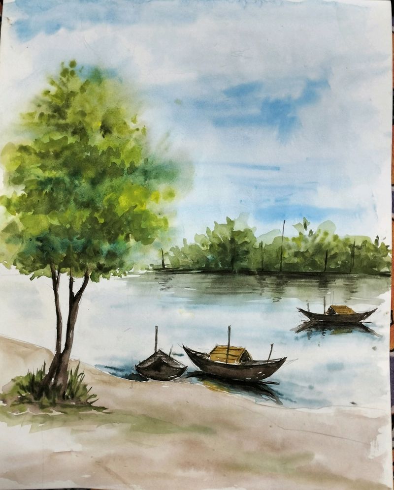 Riverside Scenery Watercolor Painting