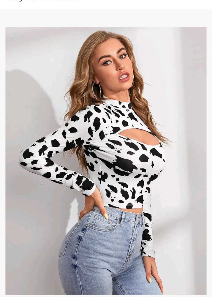 Cow Print Neck Cut Out Top