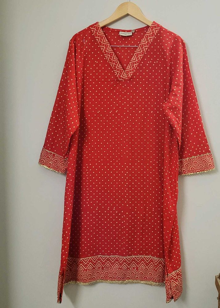 Missprint Red Hand Block Printed V-Necked Kurta