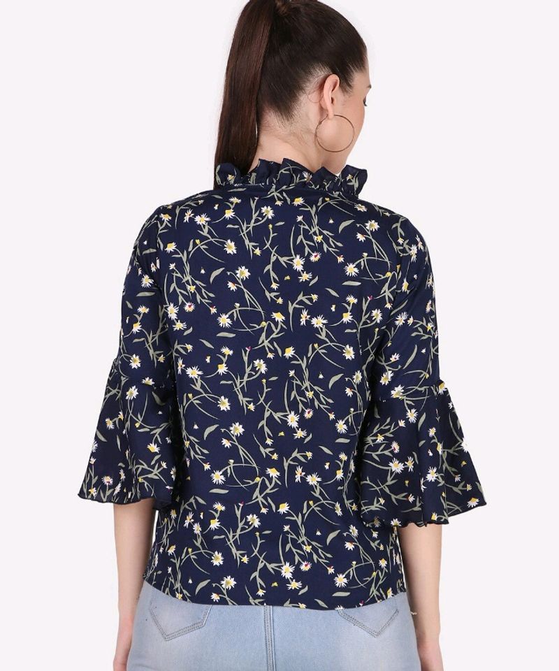 New Korean Ruffled Neck Navy Blue Blouse