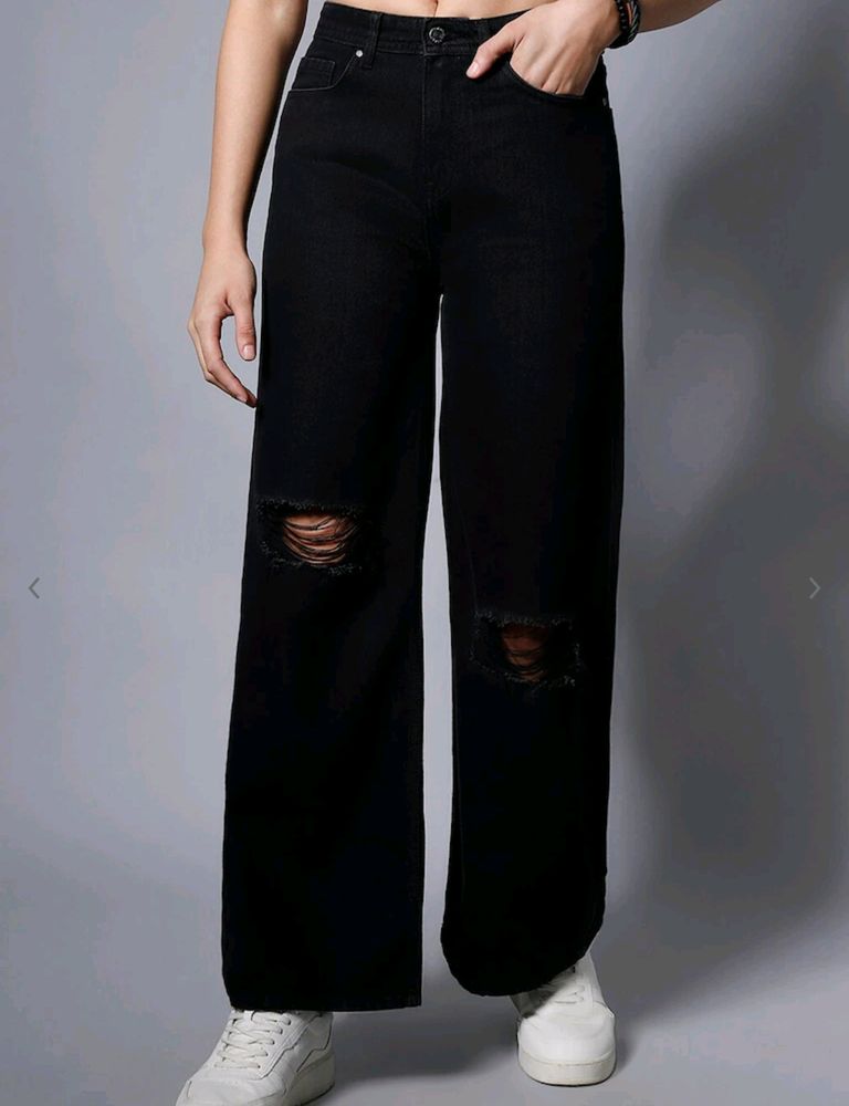 Urbanic High Waisted Black Ripped Wide Leg Jeans