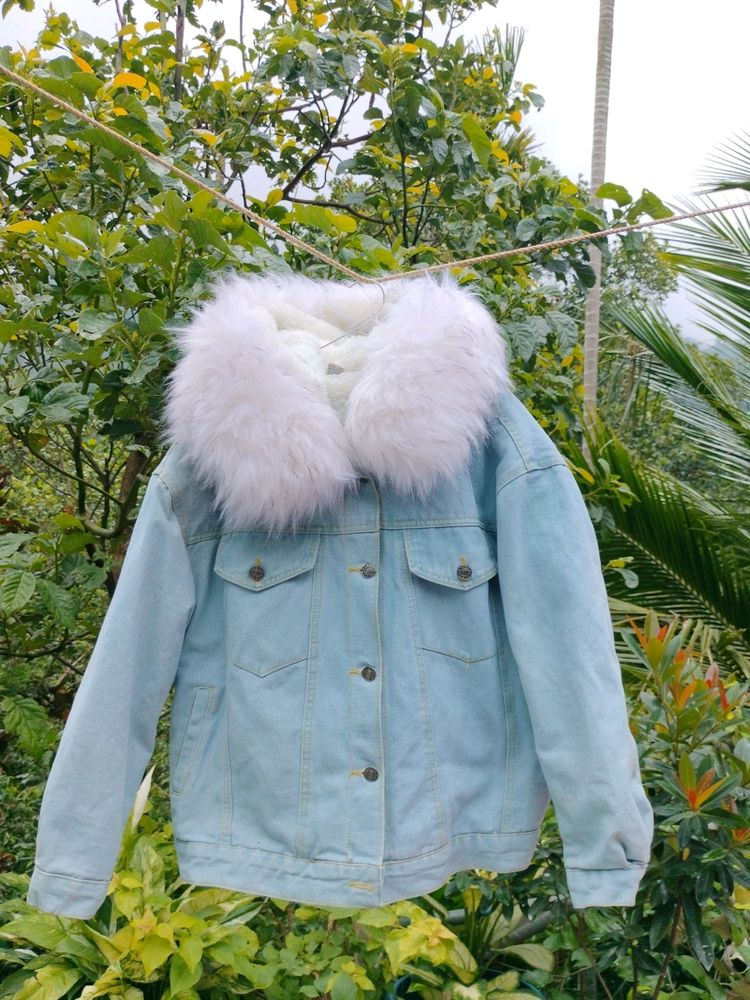 Denim Hooded Fur Jacket