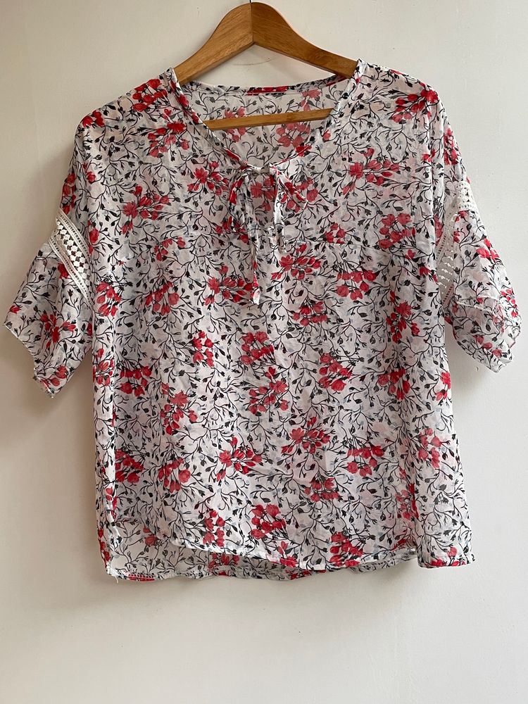 White And Red Floral Top