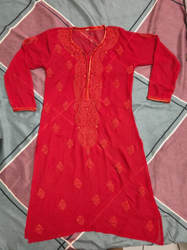 Red ♥️ Lucknowi Chiffon Kurti