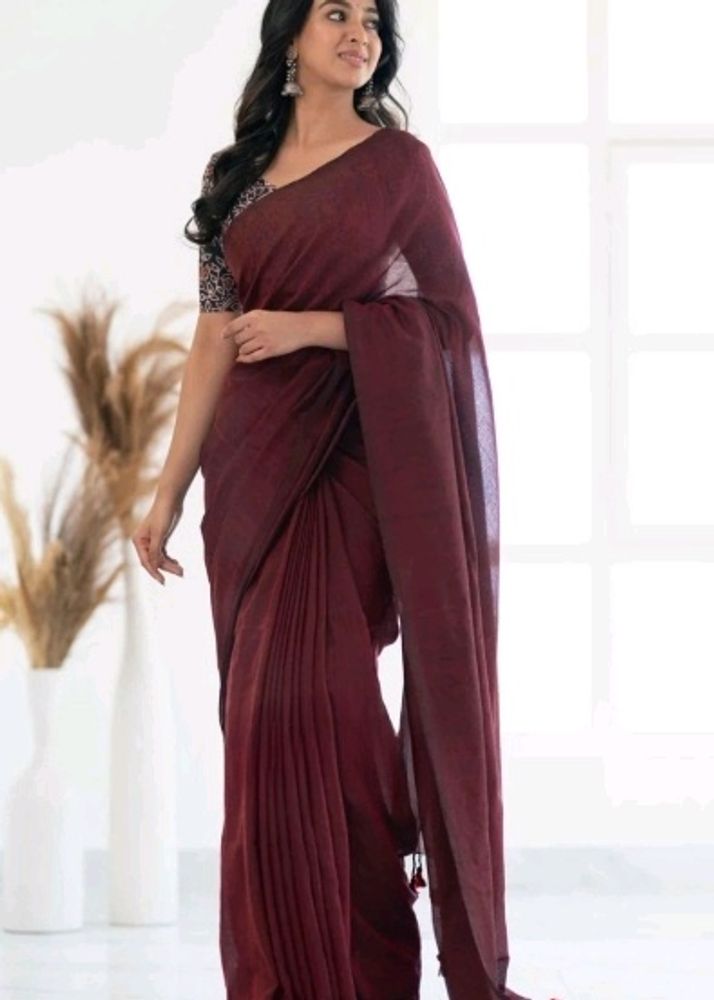 Sale🎉 Maroon Khadi Cotton Saree With Leaf Print