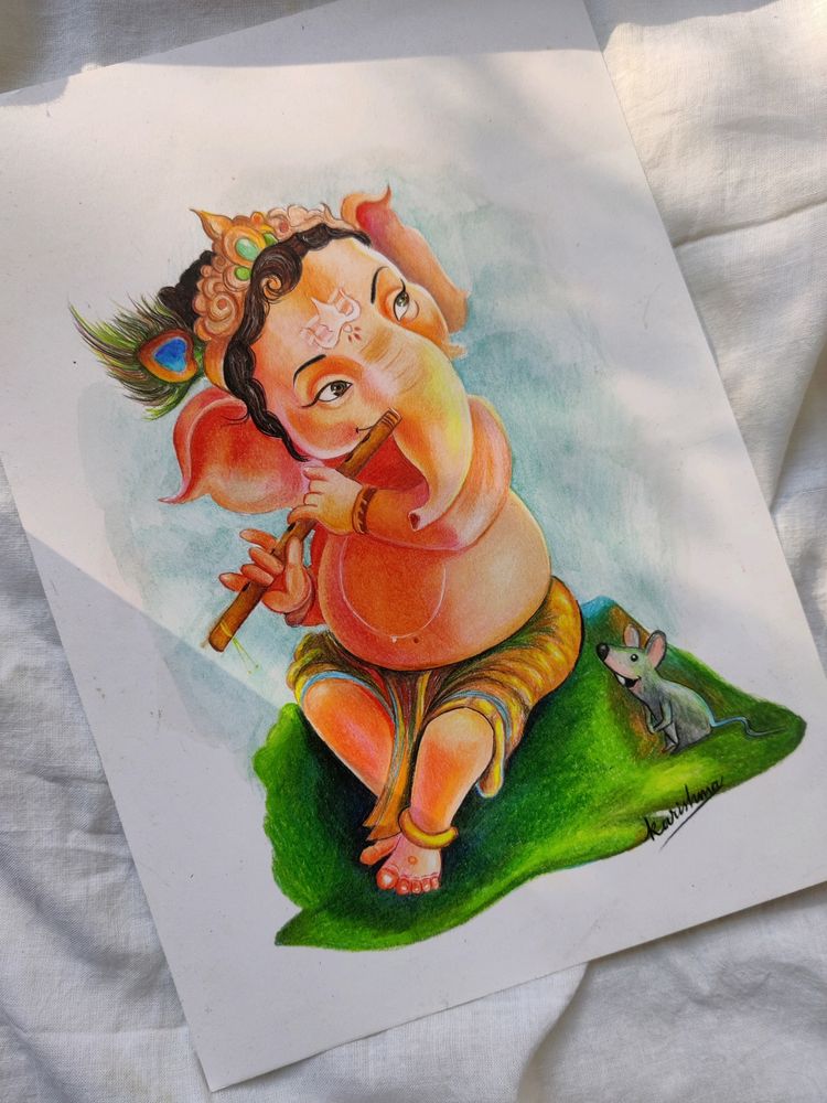 Colour Pencil Artwork Of Cute Ganesh Home Decor