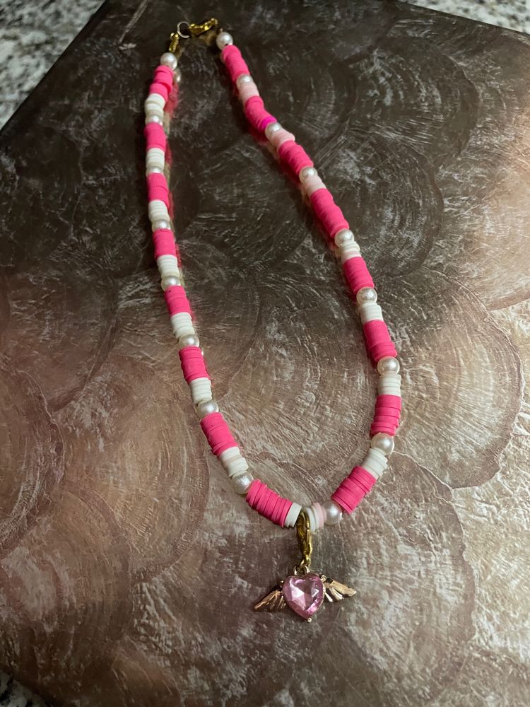 Pink Fimo Beads With Angel Heart Wing Necklace