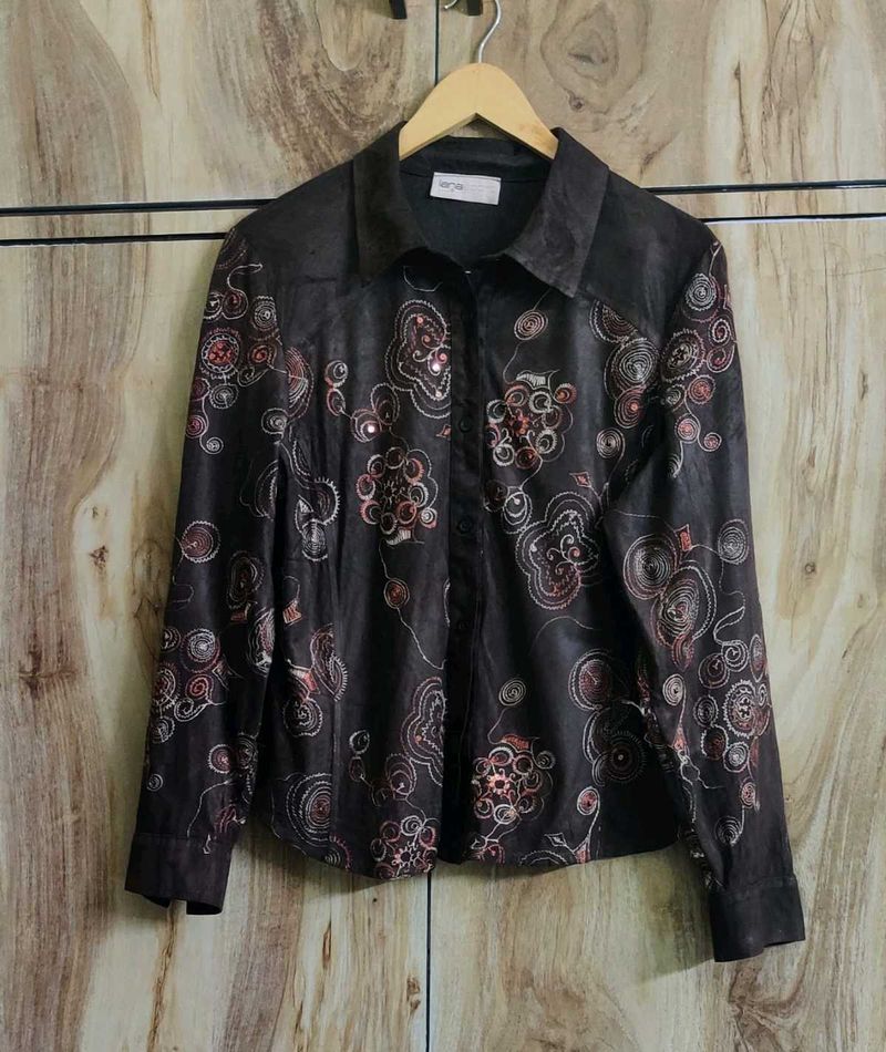 Coffe Brown Embroidery Work Shirt Size-36