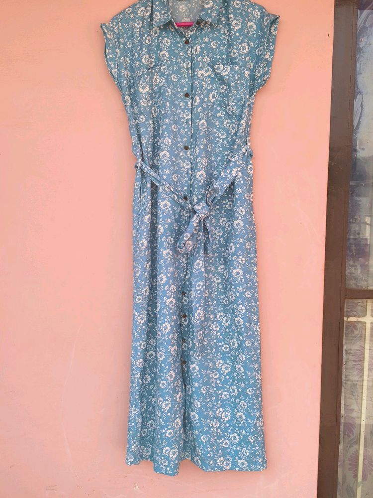 Blue Shirt Dress With White Floral Prints