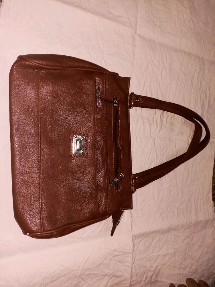 Brown Faux Leather Handbag, Medium Size, With Mult