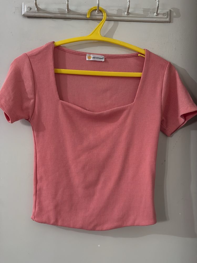 Peachy Pink Square Neck Crop Top