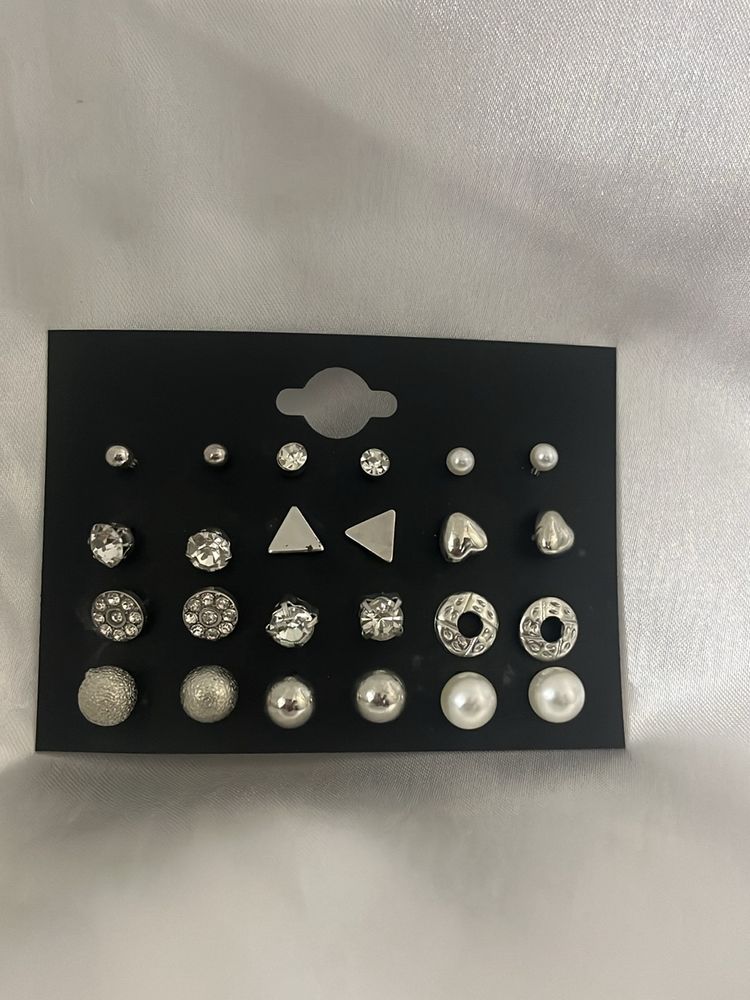 Silver Coloured Earings Set Of 12