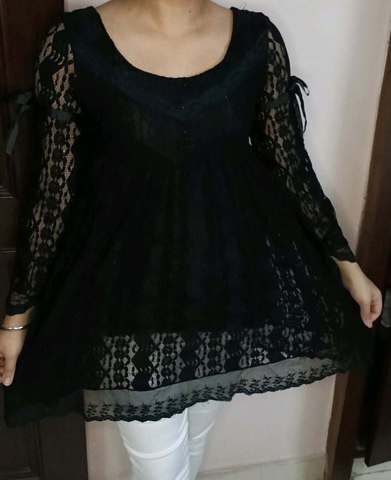 Women Black Lace Crepe Sleeves Tie Up Dress