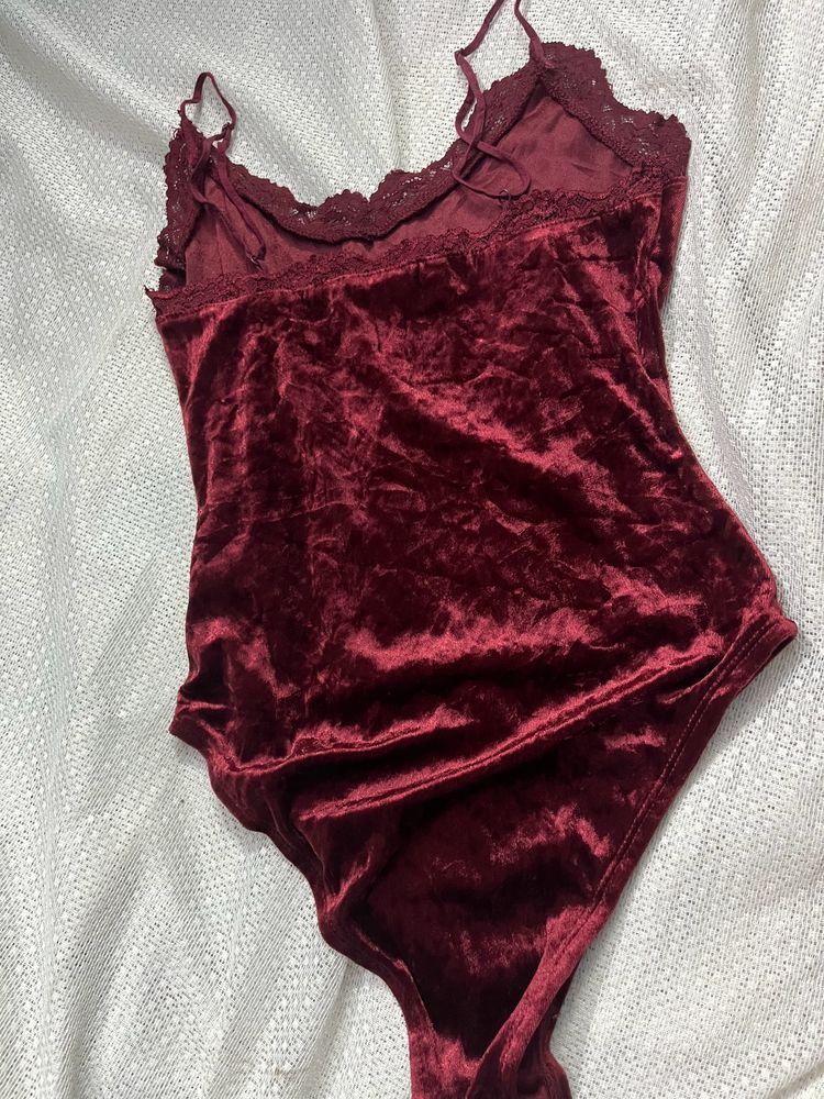 Maroon Velvet Bodysuit Top