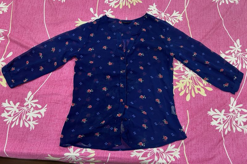 Globus - Navy Blue Transparent Pink Floral Shirt