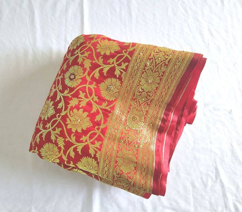 Red With Gold Floral Print Saree (Women's)