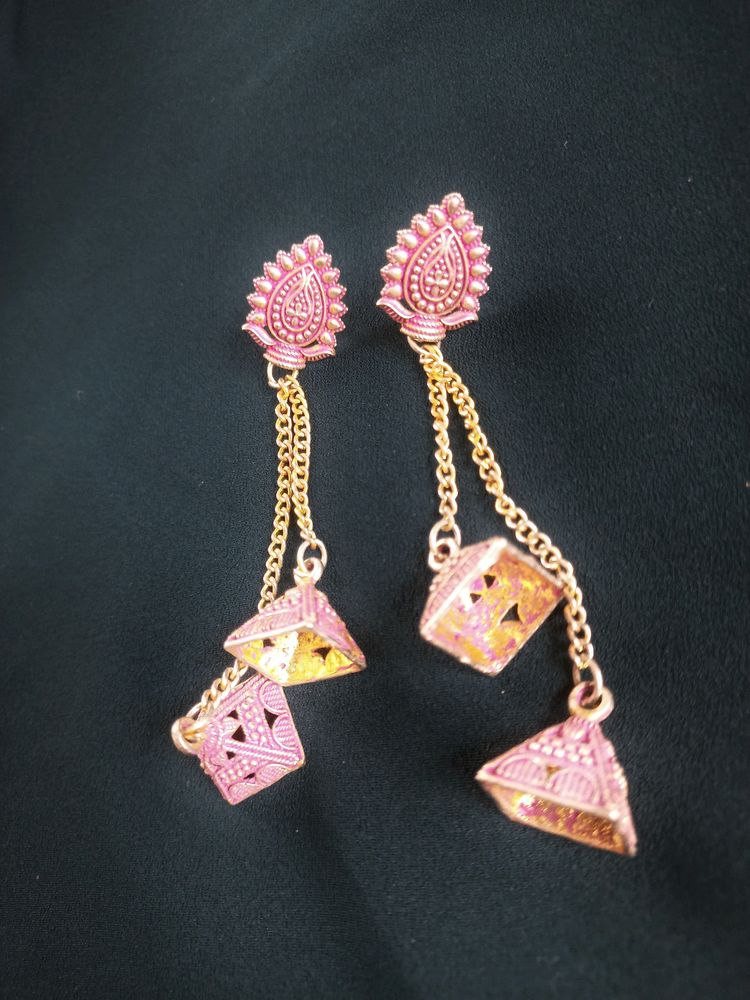 Pink and Golden long Earrings