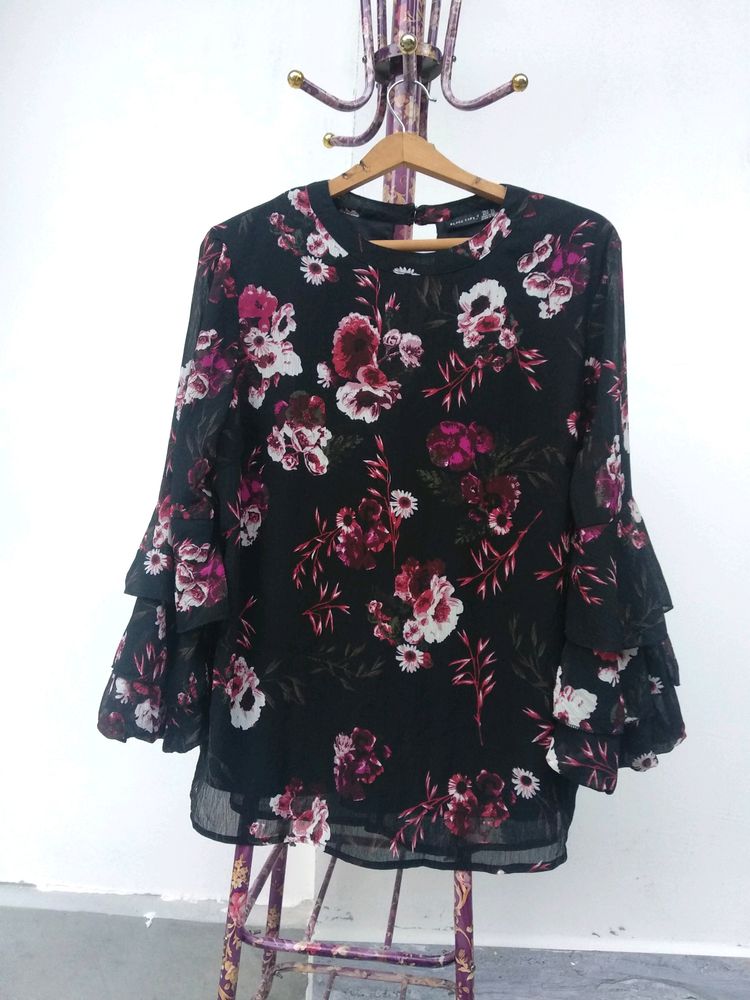 Red Tape Black Ruffle Sleeve Floral Top