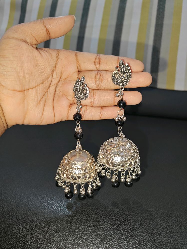 Lightweight German Silver Jhumkies With Black Bead