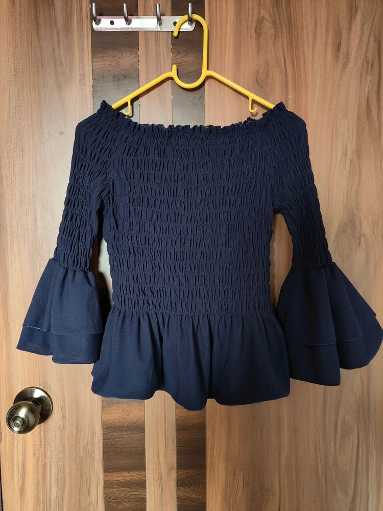 Navy Blue Smocked Peplum Top(Women)